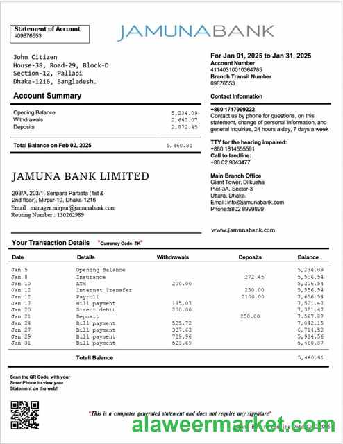 Bangladesh Jamuna Bank statement of account Word and PDF template